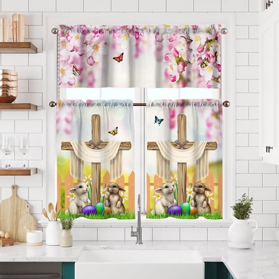 Easter Kitchen Curtains Short and Valance Set Spring Pink Flowers Bless Dining Room Fabric Curtain Drapes Holiday Cafe Curtains Valance for Home Decor