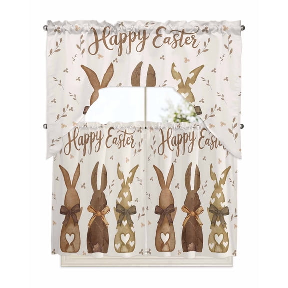 Easter Kitchen Curtains Swag Valance and Tier Curtains Set 36 Inch Length, Spring Bunny Retro Bow Retro Botanical Brown Rod Pocket Drape Panels Pair Swag Curtains for Bathroom/Cafe/Window