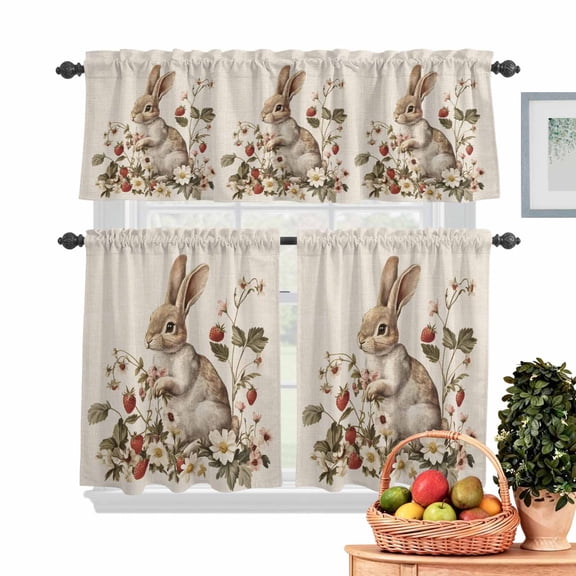Easter Kitchen Curtains Valances 3 Piece Set, Bunny Strawberry Rod Pocket Tier Curtain and Valance Drapes for Small Window 24 Inch Length for Bedroom Cafe