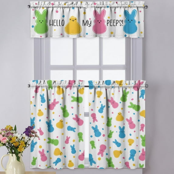 Easter Kitchen Curtains Valances 3 Piece Set,Spring Bunny Chick Hello My Peeps Rod Pocket Short Kitchen Tier Curtain Over Sink Window,Cute Farmhouse Cafe Curtains for Holiday Decor 36 Inch