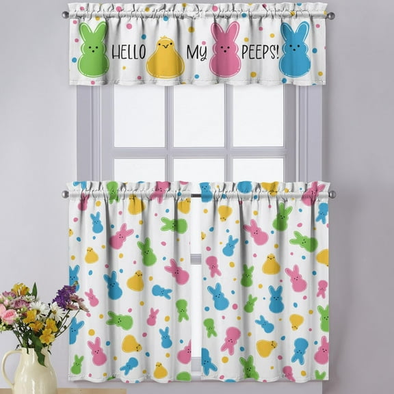 Easter Kitchen Curtains Valances 3 Piece Set,Spring Bunny Chick Hello My Peeps Rod Pocket Short Kitchen Tier Curtain Over Sink Window,Cute Farmhouse Cafe Curtains for Holiday Decor 36 Inch