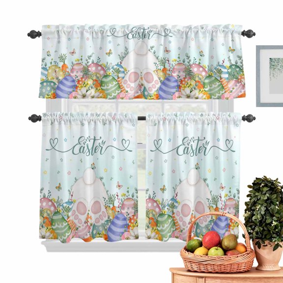 Easter Kitchen Curtains Valances 3 Piece Set, Spring Bunny Tail Colored Eggs Leaf Gradient Green Rod Pocket Tier Curtain and Valance Drapes for Small Window 24 Inch Length for Bedroom Cafe