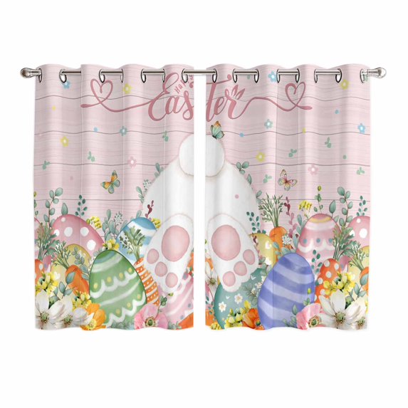 Easter Kitchen Curtains Window Panels, Country Rabbit Feet Eggs Leaves Pink Wooden Grain Insulated Window Treatment Curtain, Grommet Curtains for Bedroom/Living Room/Bathroom, 2 Piece 52"Wx63"L