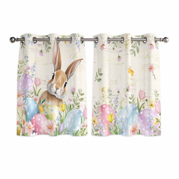 Easter Kitchen Curtains Window Panels, Pastoral Spring Bunny Eggs Botanical Flowers Leaf Insulated Window Treatment Curtain, Grommet Curtains for Bedroom/Living Room/Bathroom, 2 Piece 42"Wx54"L