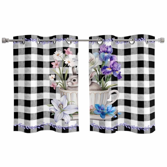 Easter Kitchen Curtains Window Panels, Spring Bunny Botanical Blooms Flowers Black Plaid Insulated Window Treatment Curtain, Grommet Curtains for Bedroom/Living Room/Bathroom, 2 Piece 27.5"Wx39"L