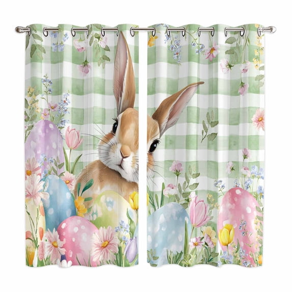 Easter Kitchen Curtains Window Panels, Spring Bunny Colorful Eggs Floral Leaves Grey Plaid Insulated Window Treatment Curtain, Grommet Curtains for Bedroom/Living Room/Bathroom, 2 Piece 42"Wx63"L