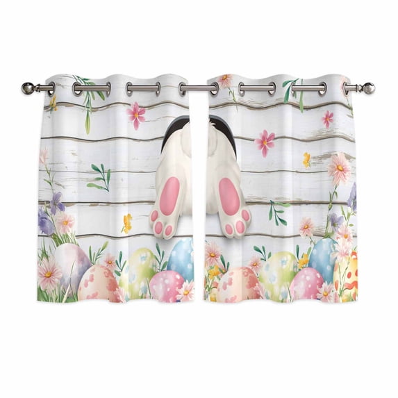 Easter Kitchen Curtains Window Panels, Spring Bunny Feet Eggs Floral Herb Wooden Plank Insulated Window Treatment Curtain, Grommet Curtains for Bedroom/Living Room/Bathroom, 2 Piece 52"Wx45"L