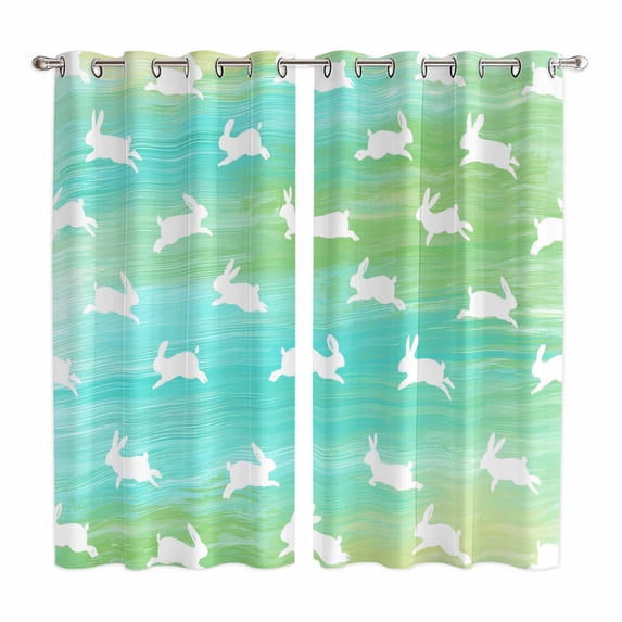 Easter Kitchen Curtains Window Panels, Spring Bunny Silhouette Blue Green Gradient Insulated Window Treatment Curtain, Grommet Curtains for Bedroom/Living Room/Bathroom, 2 Piece 52"Wx84"L