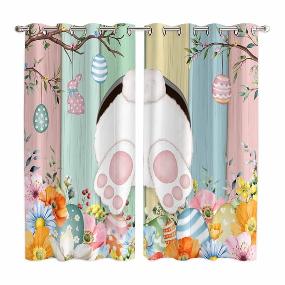 Easter Kitchen Curtains Window Panels, Spring Colorful Bunny Eggs Flower Wood Grain Insulated Window Treatment Curtain, Grommet Curtains for Bedroom/Living Room/Bathroom, 2 Piece 42"Wx63"L