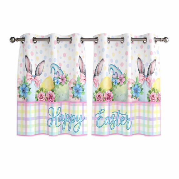 Easter Kitchen Curtains Window Panels, Spring Colorful Bunny Eggs Flowers Polka Dot Plaid Insulated Window Treatment Curtain, Grommet Curtains for Bedroom/Living Room/Bathroom, 2 Piece 42"Wx45"L