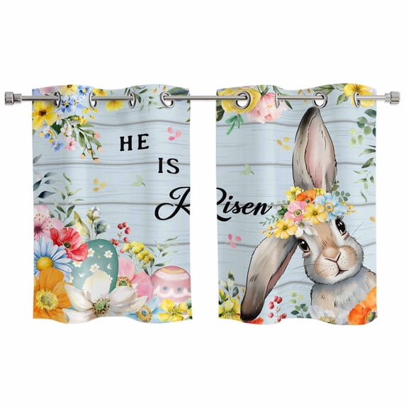 Easter Kitchen Curtains Window Panels, Spring Farmhouse Bunny Flower Blue Wood Grain Insulated Window Treatment Curtain, Grommet Curtains for Bedroom/Living Room/Bathroom, 2 Piece 27.5"Wx39"L