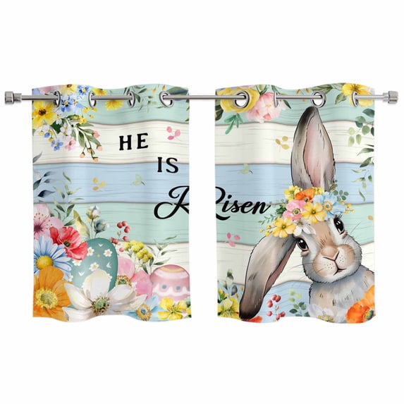 Easter Kitchen Curtains Window Panels, Spring Farmhouse Bunny Flower Teal Blue Wood Grain Insulated Window Treatment Curtain, Grommet Curtains for Bedroom/Living Room/Bathroom, 2 Piece 27.5"Wx39"L