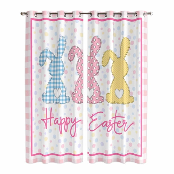 Easter Kitchen Curtains Window Panels, Spring Polka Dot Bunny Pink Plaid Checkered Insulated Window Treatment Curtain, Grommet Curtains for Bedroom/Living Room/Bathroom, 2 Piece 42"Wx84"L