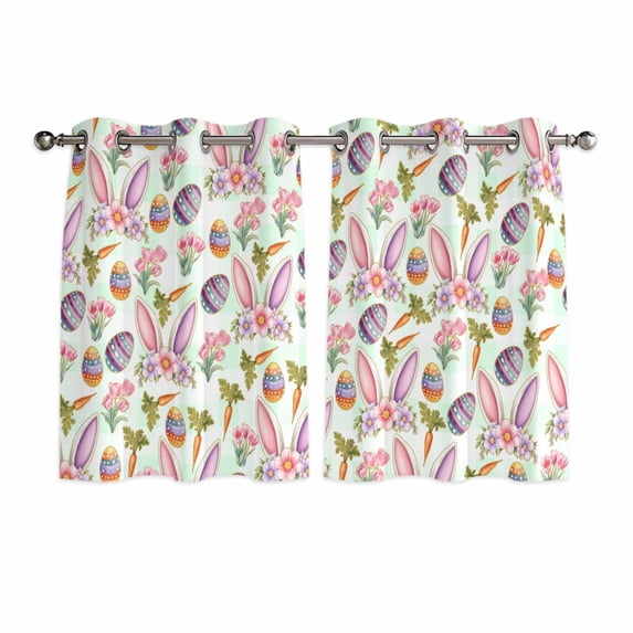 Easter Kitchen Curtains Window Panels, Spring Rabbit Ears Eggs Carrots Floral Green Plaid Insulated Window Treatment Curtain, Grommet Curtains for Bedroom/Living Room/Bathroom, 2 Piece 42"Wx45"L