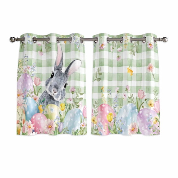 Easter Kitchen Curtains Window Panels, Spring Rabbit Eggs Botanical Floral Green Lattice Insulated Window Treatment Curtain, Grommet Curtains for Bedroom/Living Room/Bathroom, 2 Piece 52"Wx45"L