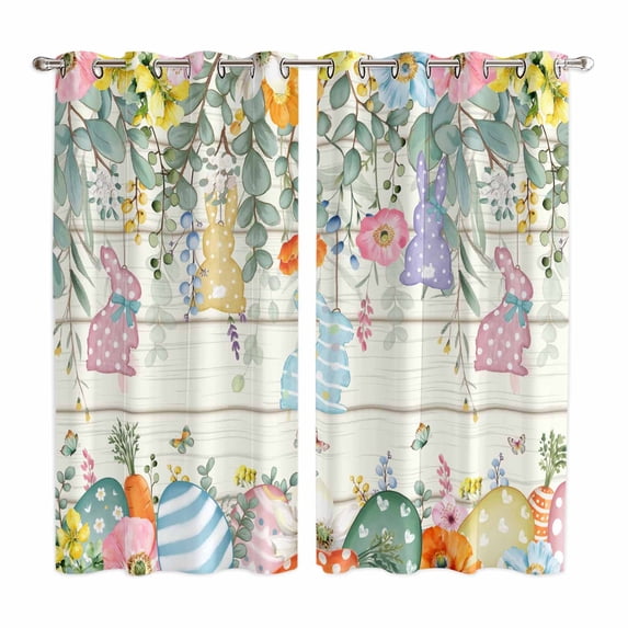 Easter Kitchen Curtains Window Panels, Spring Rabbit Eggs Eucalyptus Leaves Floral Wood Insulated Window Treatment Curtain, Grommet Curtains for Bedroom/Living Room/Bathroom, 2 Piece 42"Wx63"L