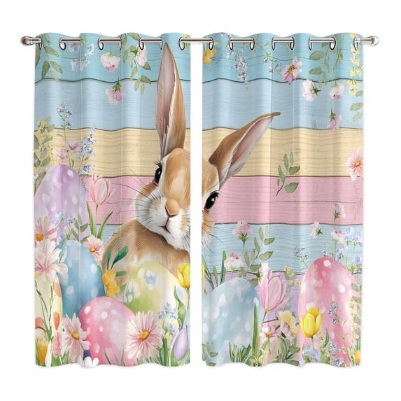 Easter Kitchen Curtains Window Panels, Spring Rabbit Eggs Floral Colorful Wooden Grain Insulated Window Treatment Curtain, Grommet Curtains for Bedroom/Living Room/Bathroom, 2 Piece 52"Wx84"L