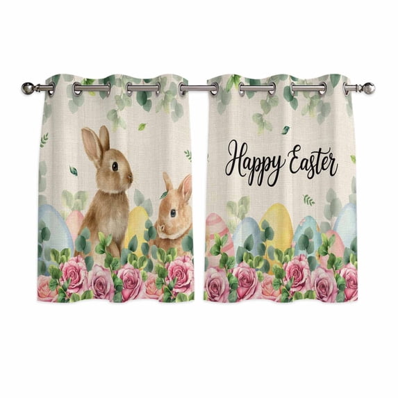 Easter Kitchen Curtains Window Panels, Spring Watercolor Bunny Eggs Flower Leaf Beige Insulated Window Treatment Curtain, Grommet Curtains for Bedroom/Living Room/Bathroom, 2 Piece 42"Wx45"L