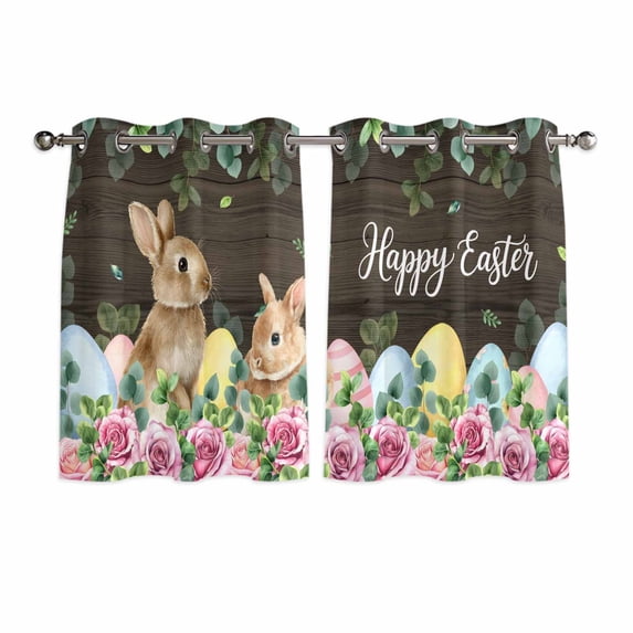Easter Kitchen Curtains Window Panels, Spring Watercolor Bunny Eggs Flower Leaf Wood Grain Insulated Window Treatment Curtain, Grommet Curtains for Bedroom/Living Room/Bathroom, 2 Piece 42"Wx45"L