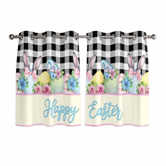 Easter Kitchen Curtains Window Panels, Spring Watercolor Bunny Eggs Flowers Black Plaid Insulated Window Treatment Curtain, Grommet Curtains for Bedroom/Living Room/Bathroom, 2 Piece 42"Wx54"L
