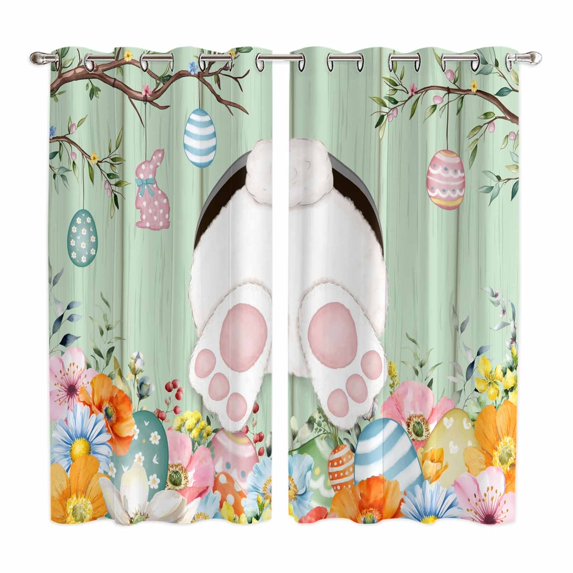 Easter Kitchen Curtains Window Panels, Spring Watercolor Bunny Eggs Wooden Grain Green Insulated Window Treatment Curtain, Grommet Curtains for Bedroom/Living Room/Bathroom, 2 Piece 42"Wx63"L