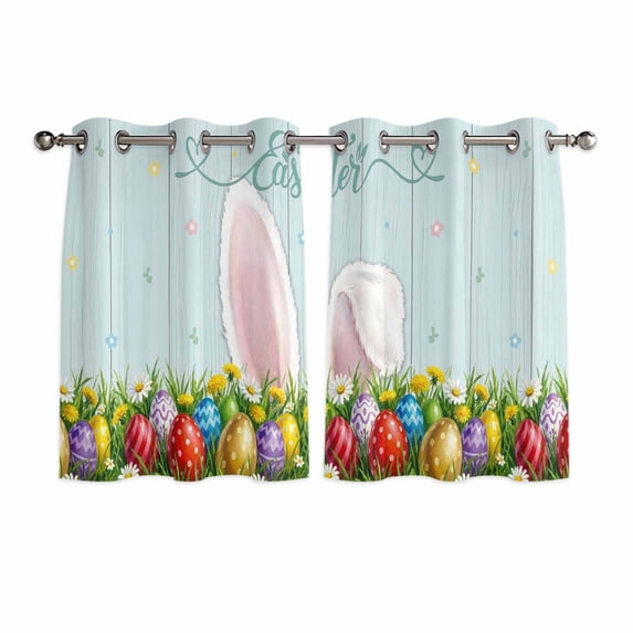 Easter Kitchen Curtains Window Panels, Wooden Bunny Colorful Eggs Spring Floral Farmhouse Insulated Window Treatment Curtain, Grommet Curtains for Bedroom/Living Room/Bathroom, 2 Piece 42"Wx45"L