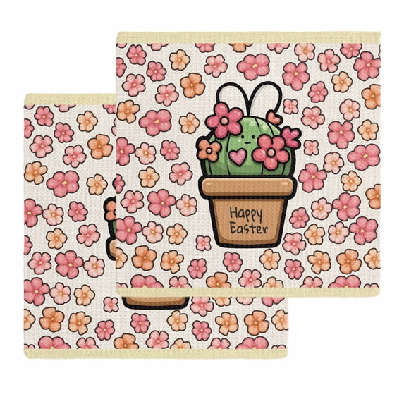 Easter Kitchen Dish Towels for Drying Dishes Set of 2, Bunny Ears Spring Pink Flowers Potted Plant Rustic Waffle Weave Microfiber Hand Tea Bathroom Towels Quick Dry & Absorbent Towel 12x12
