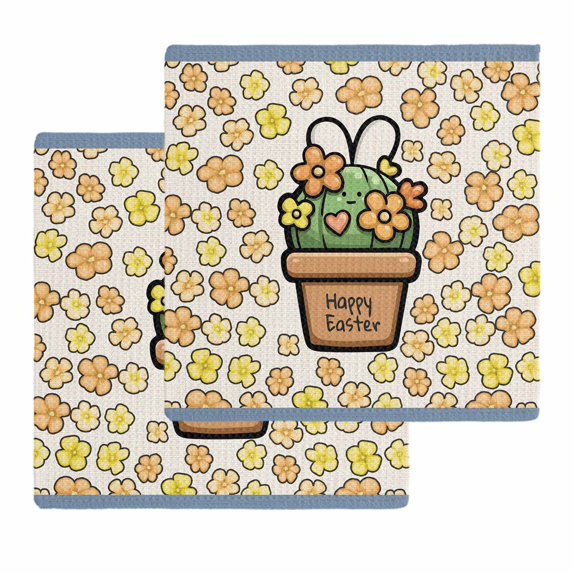 Easter Kitchen Dish Towels for Drying Dishes Set of 2, Bunny Ears Spring Yellow Flowers Potted Plant Rustic Waffle Weave Microfiber Hand Tea Bathroom Towels Quick Dry & Absorbent Towel 12x12