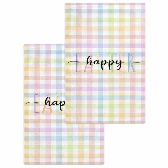 Easter Kitchen Dish Towels for Drying Dishes Set of 2, Colorful Checkered Plaid Spring Gingham Textured Waffle Weave Microfiber Hand Tea Bathroom Towels Quick Dry & Absorbent Towel 15.7x23.6