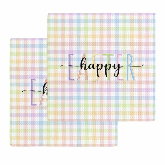 Easter Kitchen Dish Towels for Drying Dishes Set of 2, Colorful Checkered Plaid Spring Gingham Textured Waffle Weave Microfiber Hand Tea Bathroom Towels Quick Dry & Absorbent Towel 12x12