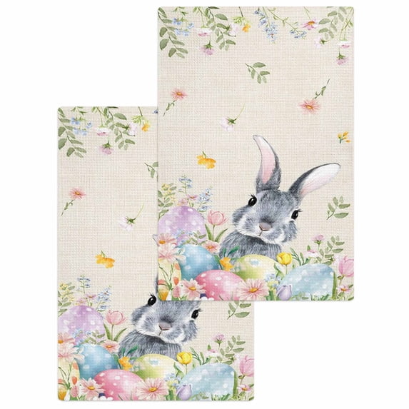 Easter Kitchen Dish Towels for Drying Dishes Set of 2, Country Rabbit Eggs Botanical Flowers Leaves Waffle Weave Microfiber Hand Tea Bathroom Towels Quick Dry & Absorbent Towel 15.7x23.6