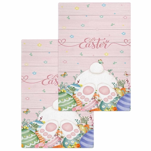 Easter Kitchen Dish Towels for Drying Dishes Set of 2, Country Rabbit Feet Eggs Leaves Pink Wooden Grain Waffle Weave Microfiber Hand Tea Bathroom Towels Quick Dry & Absorbent Towel 15.7x23.6