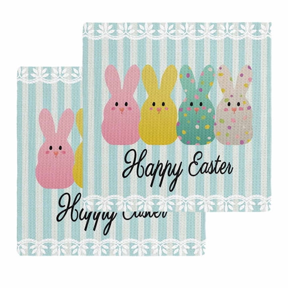 Easter Kitchen Dish Towels for Drying Dishes Set of 2, Polka Dot Bunny Farmhouse Vintage Green Striped Waffle Weave Microfiber Hand Tea Bathroom Towels Quick Dry & Absorbent Towel 12x12