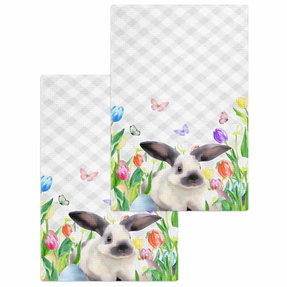 Easter Kitchen Dish Towels for Drying Dishes Set of 2, Spring Botanical Rabbit Butterfly Floral Grey Plaid Waffle Weave Microfiber Hand Tea Bathroom Towels Quick Dry & Absorbent Towel 15.7x23.6