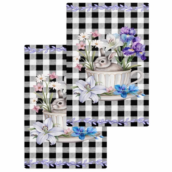 Easter Kitchen Dish Towels for Drying Dishes Set of 2, Spring Bunny Botanical Blooms Flowers Black Plaid Waffle Weave Microfiber Hand Tea Bathroom Towels Quick Dry & Absorbent Towel 15.7x23.6