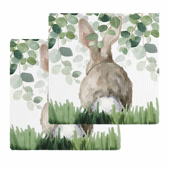 Easter Kitchen Dish Towels for Drying Dishes Set of 2, Spring Bunny Botanical Eucalyptus Leaves Plants Waffle Weave Microfiber Hand Tea Bathroom Towels Quick Dry & Absorbent Towel 12x12