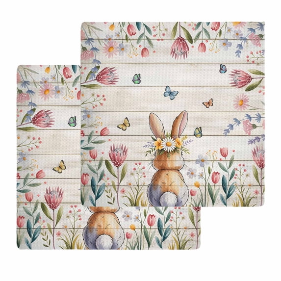 Easter Kitchen Dish Towels for Drying Dishes Set of 2, Spring Bunny Butterfly Botanical Wooden Grain Waffle Weave Microfiber Hand Tea Bathroom Towels Quick Dry & Absorbent Towel 12x12