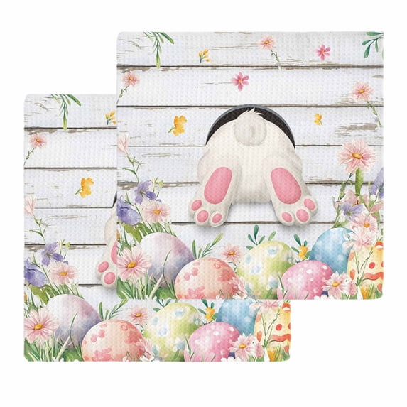Easter Kitchen Dish Towels for Drying Dishes Set of 2, Spring Bunny Feet Eggs Floral Herb Wooden Plank Waffle Weave Microfiber Hand Tea Bathroom Towels Quick Dry & Absorbent Towel 12x12