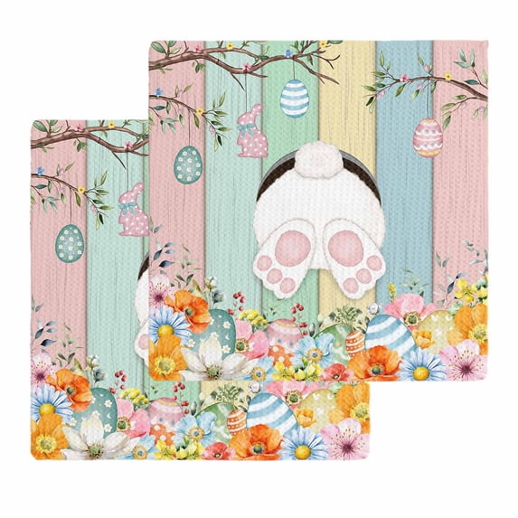 Easter Kitchen Dish Towels for Drying Dishes Set of 2, Spring Colorful Bunny Eggs Flower Wood Grain Waffle Weave Microfiber Hand Tea Bathroom Towels Quick Dry & Absorbent Towel 12x12