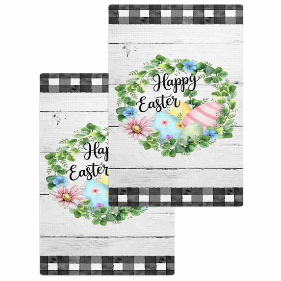 Easter Kitchen Dish Towels for Drying Dishes Set of 2, Spring Colorful Egg Flower Leaf Grey Wood Grain Plaid Waffle Weave Microfiber Hand Tea Bathroom Towels Quick Dry & Absorbent Towel 15.7x23.6