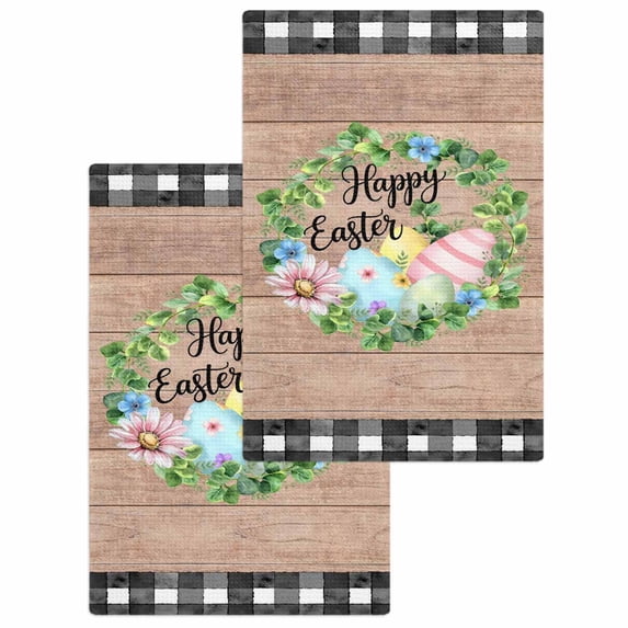 Easter Kitchen Dish Towels for Drying Dishes Set of 2, Spring Colorful Eggs Flower Leaf Wood Grain Plaid Waffle Weave Microfiber Hand Tea Bathroom Towels Quick Dry & Absorbent Towel 15.7x23.6