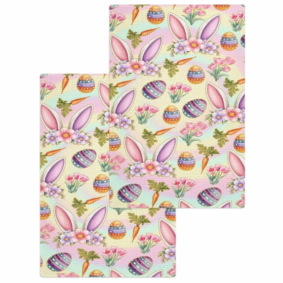 Easter Kitchen Dish Towels for Drying Dishes Set of 2, Spring Colorful Rabbit Ears Eggs Flowers Carrots Waffle Weave Microfiber Hand Tea Bathroom Towels Quick Dry & Absorbent Towel 15.7x23.6