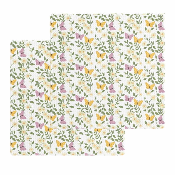 Easter Kitchen Dish Towels for Drying Dishes Set of 2, Spring Floral Daisy Flowers Butterflies Watercolor Waffle Weave Microfiber Hand Tea Bathroom Towels Quick Dry & Absorbent Towel 12x12
