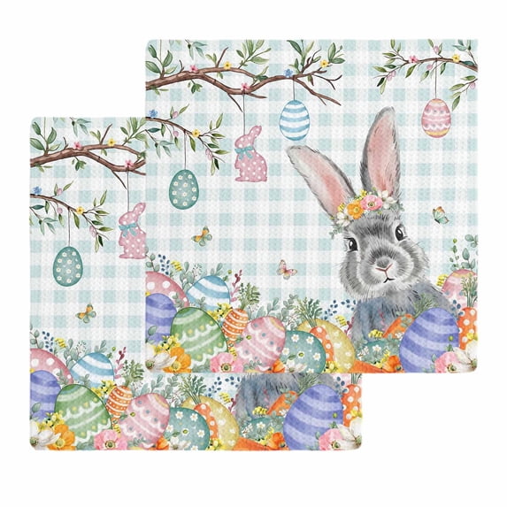 Easter Kitchen Dish Towels for Drying Dishes Set of 2, Spring Rabbit Colorful Eggs Tree Blue White Plaid Waffle Weave Microfiber Hand Tea Bathroom Towels Quick Dry & Absorbent Towel 12x12