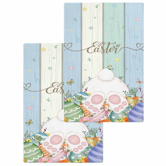 Easter Kitchen Dish Towels for Drying Dishes Set of 2, Spring Rabbit Ears Foot Flowers Eggs Green Wooden Waffle Weave Microfiber Hand Tea Bathroom Towels Quick Dry & Absorbent Towel 15.7x23.6