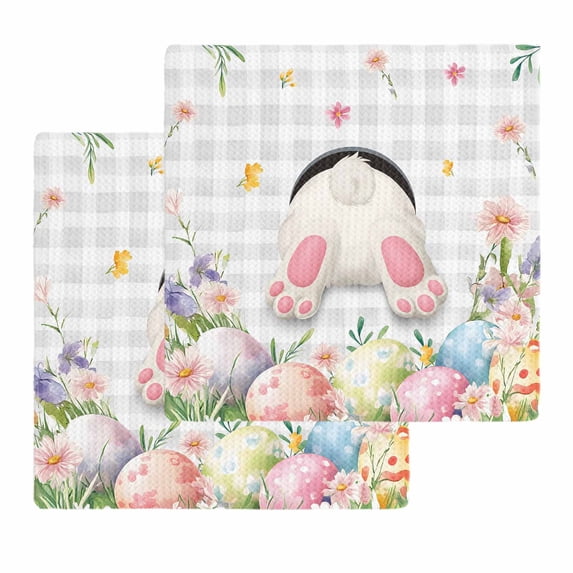 Easter Kitchen Dish Towels for Drying Dishes Set of 2, Spring Rabbit Feet Eggs Botanical Floral Grey Plaid Waffle Weave Microfiber Hand Tea Bathroom Towels Quick Dry & Absorbent Towel 12x12