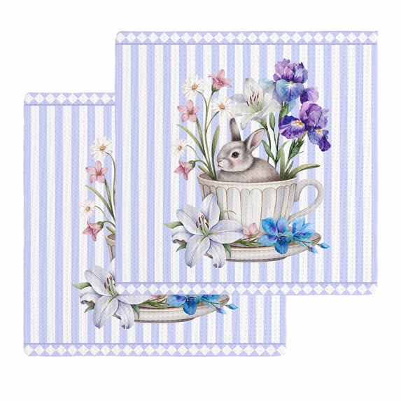 Easter Kitchen Dish Towels for Drying Dishes Set of 2, Spring Rabbit Watercolor Flowers Purple Stripes Waffle Weave Microfiber Hand Tea Bathroom Towels Quick Dry & Absorbent Towel 12x12