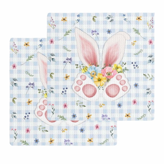 Easter Kitchen Dish Towels for Drying Dishes Set of 2, Spring Rabbits Ears Feet Floral Blue Lattice Waffle Weave Microfiber Hand Tea Bathroom Towels Quick Dry & Absorbent Towel 12x12