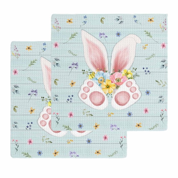 Easter Kitchen Dish Towels for Drying Dishes Set of 2, Spring Rabbits Ears Feet Flowers Wooden Grain Waffle Weave Microfiber Hand Tea Bathroom Towels Quick Dry & Absorbent Towel 12x12