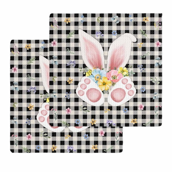 Easter Kitchen Dish Towels for Drying Dishes Set of 2, Spring Rabbits Ears Feet Wildflowers Black Plaid Waffle Weave Microfiber Hand Tea Bathroom Towels Quick Dry & Absorbent Towel 12x12
